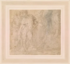 Standing Male Nude Among a Group of Figures, One of Them Reclining, ca. 1530-1540
