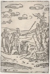 The Forger Standing by an Anvil Pulling a Man in Chains, from "The Various Operations of Alchemy"