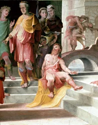 The sacrifice of Seleucos de Locres (Seleucus de Locride) Seleucos to blind his son, in order to punish him for a rape he had committed, preferred to lose one of his eyes. Fresco by Domenico di Giacomo di Pace dit Beccafumi (1486-1551) (detail). 1529-1535 