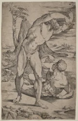 Two Male Nudes Gesturing in a Landscape