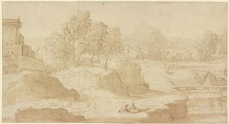 Figurative Landscape, Right a River with a Bridge near Mills, Two Seated Figures in the Foreground