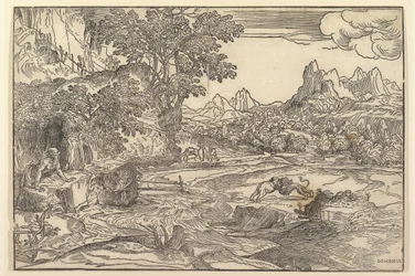 Landscape with Saint Jerome at left looking towards lion and bear fighting at center, ca. 1530-35