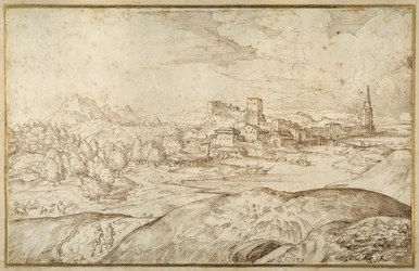 Mountainous Landscape with a River, and a Fortified Town with a Spired Tower