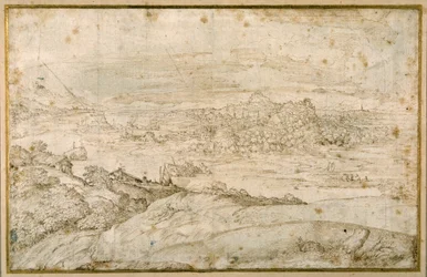 Wooded landscape with a winding river; in the distance a city, a mixture of spires and domes with antique ruins