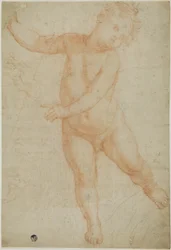 Putto Poised on Right Leg (recto); Sketch of a Draped Arm (verso)