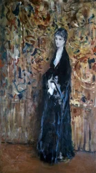 Woman with arabesques in the background