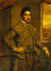 Portrait of a Gentleman, Standing Three-Quarter Length, Wearing an Elaborately Embroidered Costume, Before a Window, a Landscape Beyond