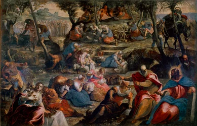 The Recollection of Manna (Jews in the Desert). Scene of the Old Testament: God feeds Israelites who would die of hunger for quail eggs and manna. On the right, Aaron and Moses. Painting by Jacopo Robusti dit Tintoretto
