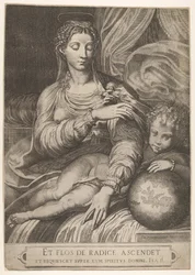 Madonna of the Rose, she reaches for a rose held by the Christ child, 1560-75