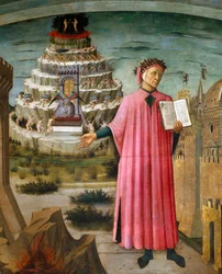 Dante Alighieri holding his poem the Divine Comedy. Near by him, hell, and the city of Florence, in the background the Purgatory and Paradise