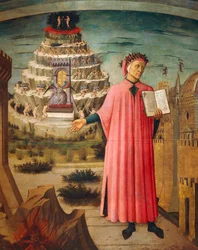 Dante Alighieri with Divine Comedy in his hand and mountains of purgatory in background (detail)
