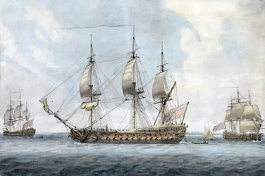 Portrait of a British 74-gun ship, in Solent, seen from three different angles