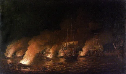 War of the Seven Years: French Warships Attacking the British Fleet off Quebec City, Canada, June 28, 1759