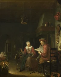 Interior with a Man Reading and a Woman Spinning Yarn