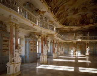 View of the library room of the Schussenried monastery realized by the architect Domenikus Zimmermann (18th century) Schussenried, Germany