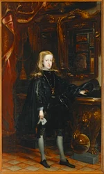 Charles II, in a black suit with the Golden Fleece around his neck. Son of Philip IV