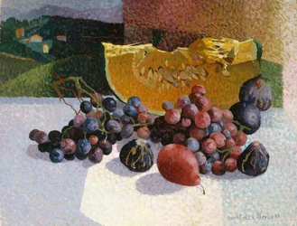 Still life with small landscape