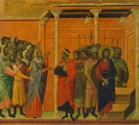 Altarpiece: Christ accused by the Pharisees, (detail of a tile)
