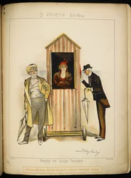 A Girl in a Mobile Changing Cubicle, on the Beach on the Riviera. Two Men, Possibly the Characters, the Judge and the Chaplain Wait Outside.
