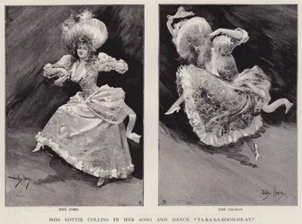 English music hall singer and dancer Lottie Collins performing her popular song Ta-Ra-Ra-Boom-De-Ay