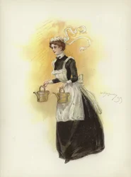 Hotel maid, carrying two water cans