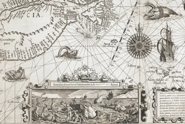 A detail of two old-fashioned whale-like sea monsters and an inset with more lifelike whales, from 