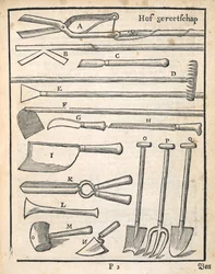 Garden tools, from The Dutch Gardener by Johann van der Groen, published 1699