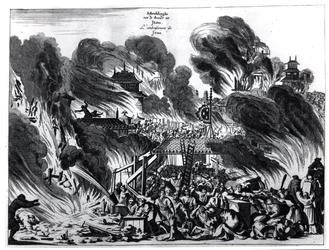 Great Fire in Yedo (Tokyo) in the 17th century, illustration from the account by Arnold Montanus of embassies sent by the Dutch East India Company to the Emperor of Japan, published in Amsterdam 1680