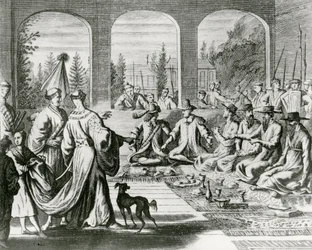 Jesuits with Dutch and Portuguese merchants at the Japanese court (engraving)
