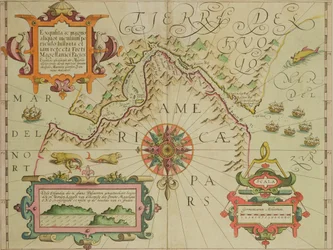 Map of the Magellan Straits, Patagonia, from the Mercator Atlas published by Jodocus Hondius (1563-1612), Amsterdam, 1606