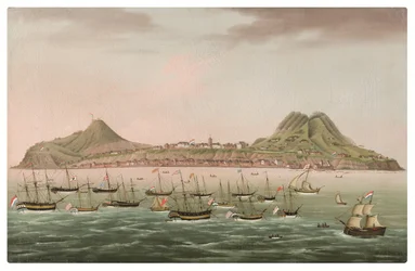 Sint Eustatius in the Dutch Antilles, with West Indiamen Massed in the Road off Oranjestad