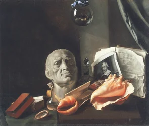 Vanitas still life with a bust, seashells, books and glass flasks