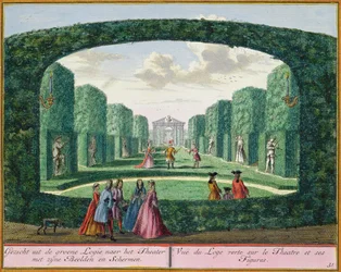 View from the green loggia to the theatre, from Het Zeganplant Kennemerlant, by Hendrick de Leth and Matthias Brouerius Van Nidek, published c.1700-1730