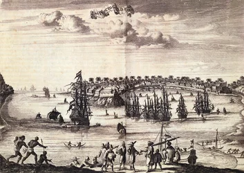 View of the harbour and town of Galle, published in Amsterdam 1676