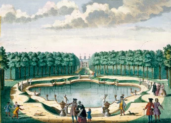 View of the pond towards the back of the house, Beckenstein, from Het Zeganpralent Kennemerlant by Hendrick de Leth and Matthias Brouerius Van Nidek, published c.1700-1730