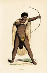 Khoikhoi man in animal skin cape, beaded loincloth, with bow and arrow