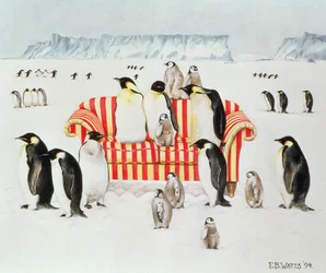 Penguins on a red and white sofa, 1994