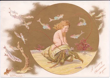 A Victorian Christmas card of a hermit crab in a shell being ridden by a water baby surrounded by a shoal of fish, by Gertrude Thompson