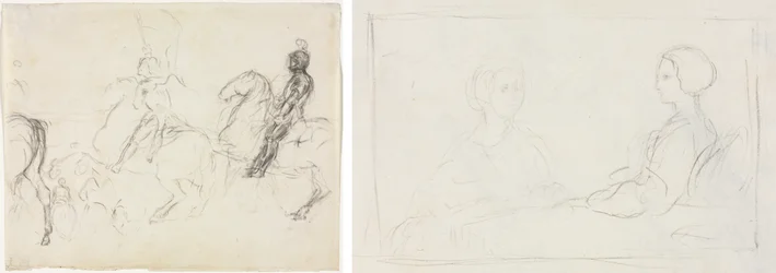 Battle Scene with Armored Figures on Horseback (recto) Two Seated Women (verso)