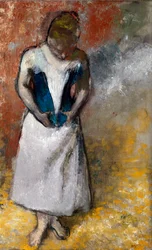 Woman Standing from the Front, Clasping Her Corset