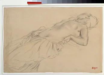 Nude woman lying on her back, study for “Scène de guerre au Moyen Âge”. Black pencil drawing by Edgar Degas (1834-1917). Dimensions: 0.22 x 0.35 m. Paris, Louvre Museum