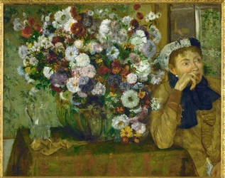 Woman Leaning Next to a Vase with Flowers