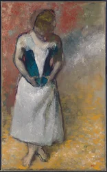 Woman Standing from the Front, Clasping Her Corset