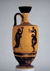 Attic Black-Figure Lekythos Decorated with an Old Man Throwing a Ball to a Youth