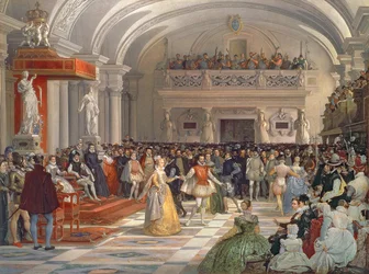 The Wedding of Henri de Bourbon, King of Navarre, to Marguerite de Valois in the presence of Catherine de Medici and Charles IX in 1572, 1862