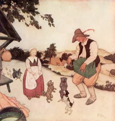 And when he saw White Caroline, he started to play on his organ the most beautiful airs that it was possible to hear, and the three little dogs commenced to dance together, illustration from the Flemish fairytale White Caroline and Black Caroline