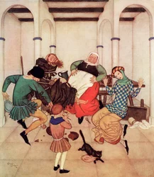 "The Friar, bound fast to the post, squirmed and wriggled, showing plainly that he would foot it if he could", illustration from the English fairytale The Friar and the Boy, from Edmund Dulac