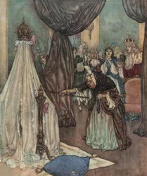 The sleeping beauty: an old fee leans over the crib of the princess and curses her, c.1910