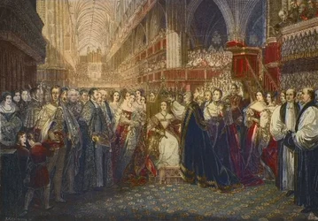Coronation of Queen Victoria at Westminster Abbey, London, on 28 June 1838 - the coronation of Queen Victoria, Queen of Great Britain and Ireland (1819-1901), at Westminster Abbey