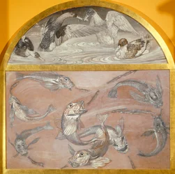 Diptych with fish and ducks in pond